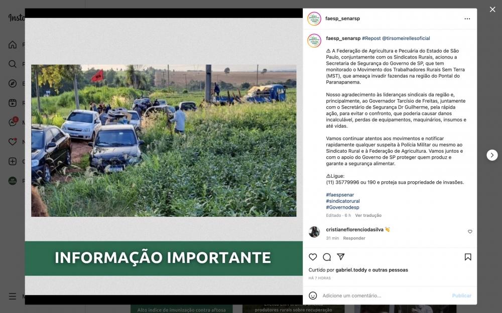 Faesp e sindicatos rurais pedem monitoramento para evitar possíveis invasões do MST na região do Pontal do Paranapanema. Crédito da imagem @faesp_senarsp