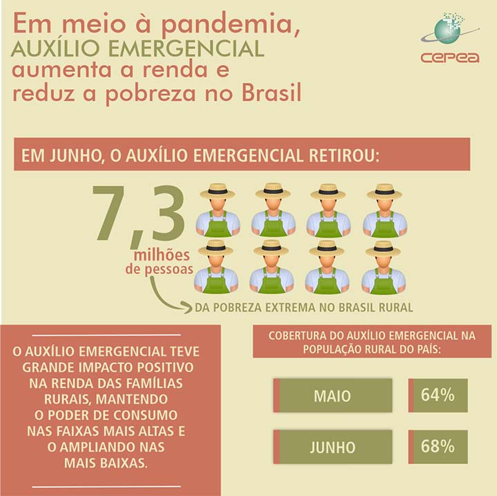 Segundo o Cepea, graças ao auxílio, a renda média efetivamente recebida pelas famílias da mais baixa faixa de renda foi de R$ 956 em junho, valor que representou 362% da renda habitualmente recebida por essas famílias, de R$ 264. 