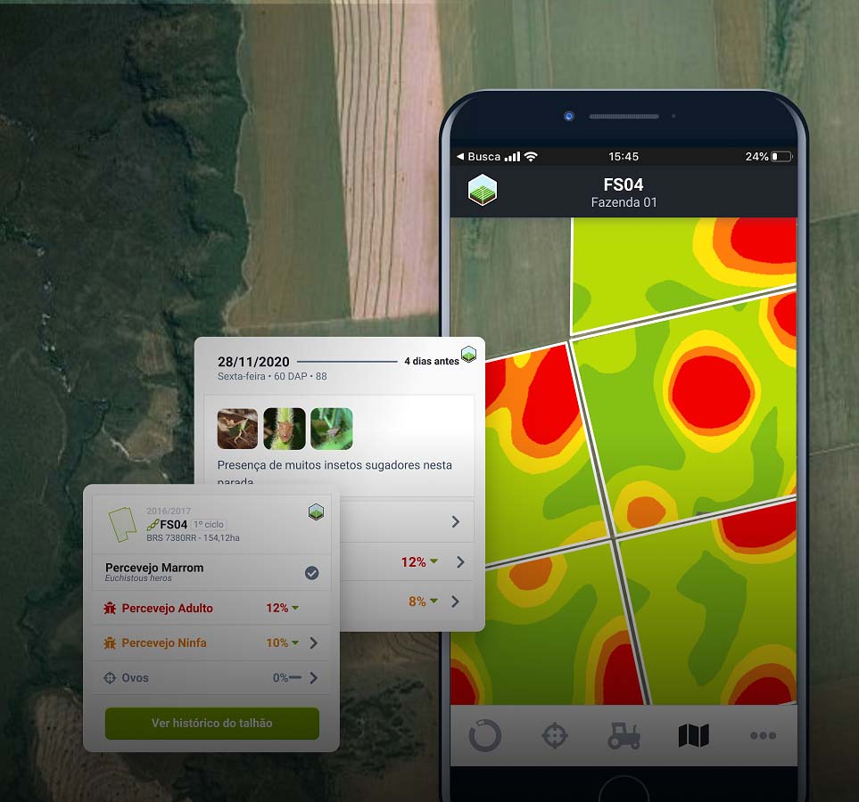 Entre as informações fornecidas pelo software estão: mapas de infestação de pragas, frequência de monitoramento a cada talhão, pluviometria, agenda de aplicações, estoque de insumos, entre outros.