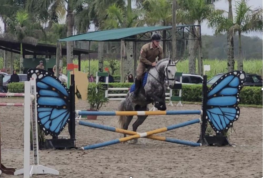 Cabo Lorenzi, do Esquadrão de Cavalaria Montada de Joinville, em conjunto com o cavalo Kripton em salto perfeito. Foto: Autor