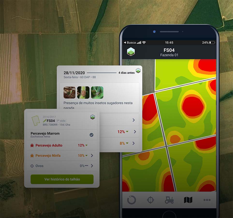 O Farmbox compila dados e informações de campo e estoques como: mapas de infestação de pragas; frequência de monitoramento de cada talhão; agenda de aplicações, entre outros