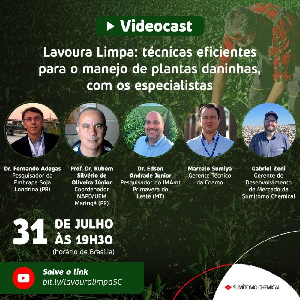 Especialistas discutem técnicas inovadoras para o manejo eficiente de plantas daninhas no videocast "Lavoura Limpa", promovido pela Sumitomo Chemical.