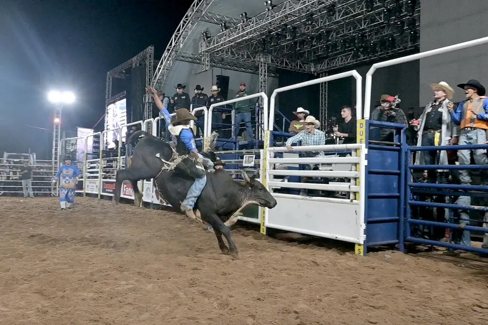 O peão desafia o touro em um espetáculo de força e destreza. A arena fervilha de emoção enquanto cada segundo na montaria define o destino dos competidores no 3º Piraí Rodeo Fest. Foto Toninho Anhaia
