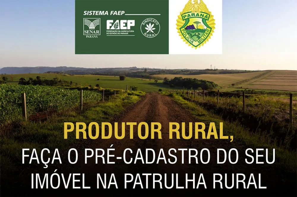 O Sistema FAEP e o Sindicatos Rurais em colaboração com a Polícia Militar, lançaram o “Projeto Patrulha Rural Comunitária 4.0”, iniciativa voltada à segurança do produtor rural. Para aderir, é necessário realizar um pré-cadastro, que permite o monitorame