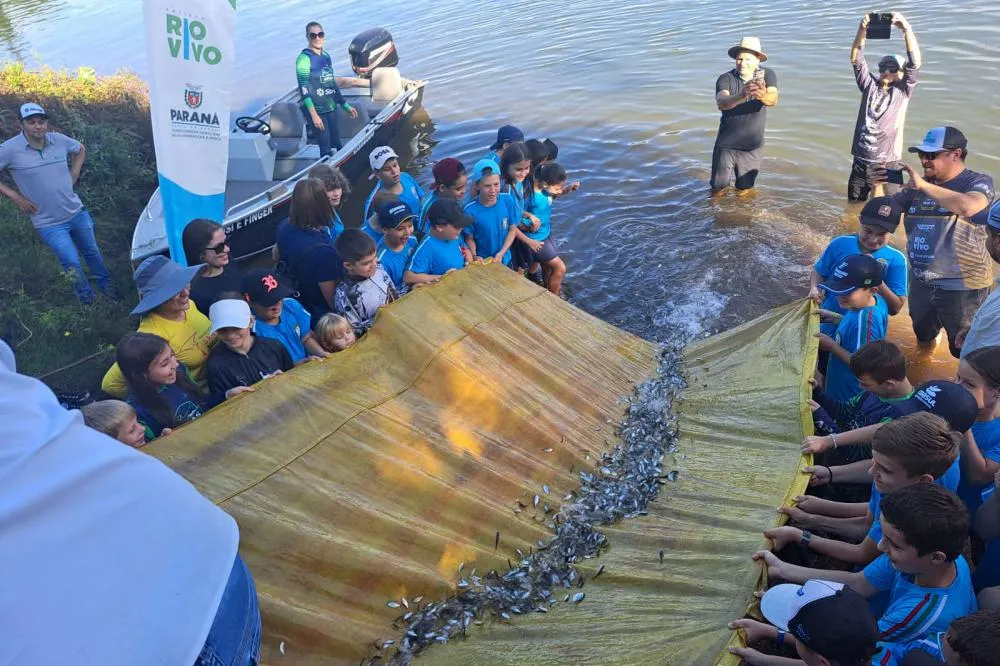 Ação de soltura de 50 mil peixes nativos na represa de Salto Osório, no Rio Iguaçu, no município de Sulina. Foto: Superintendência Geral das Bacias Hidrográficas e Pesca/SEDEST-PR