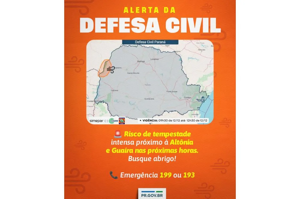 Simepar e Defesa Civil alertam para tempestades severas no Oeste e Noroeste nesta sexta Foto: Defesa Civil