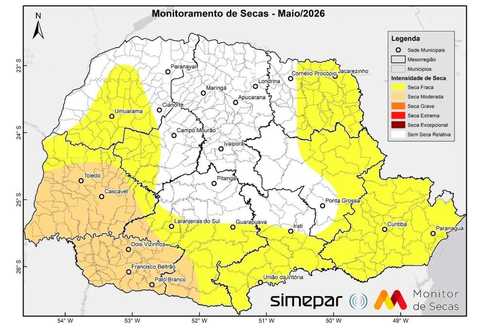 SECA RECUA EM VÁRIAS REGIÕES DO PARANÁ, APONTA MONITOR NACIONAL Foto: Simepar