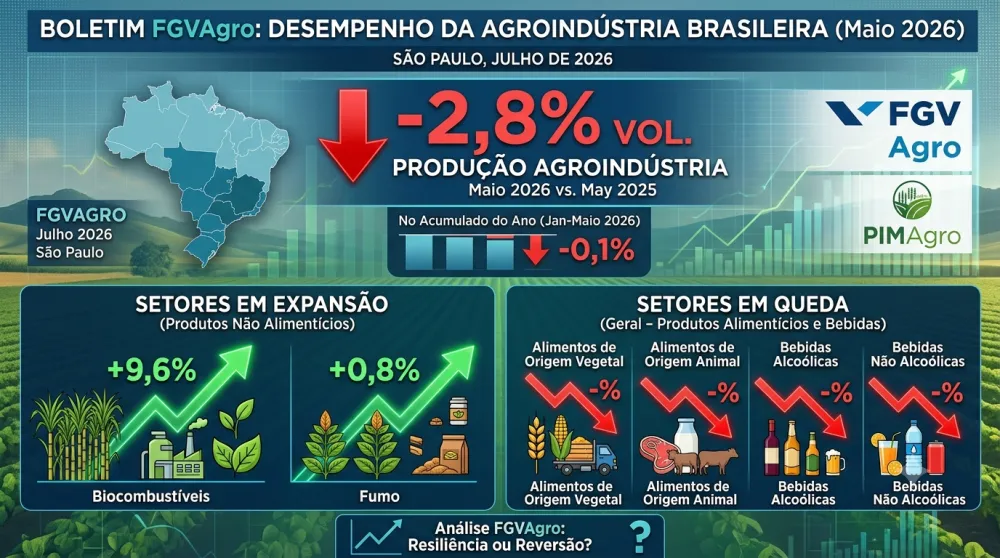 Agroindústria tem queda de -2,8% em maio de 2026, ante o mesmo mês do ano passado, revela o FGVAgro