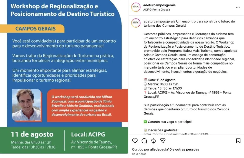 Workshop reunirá lideranças para definir estratégias e posicionar os Campos Gerais como destino turístico competitivo