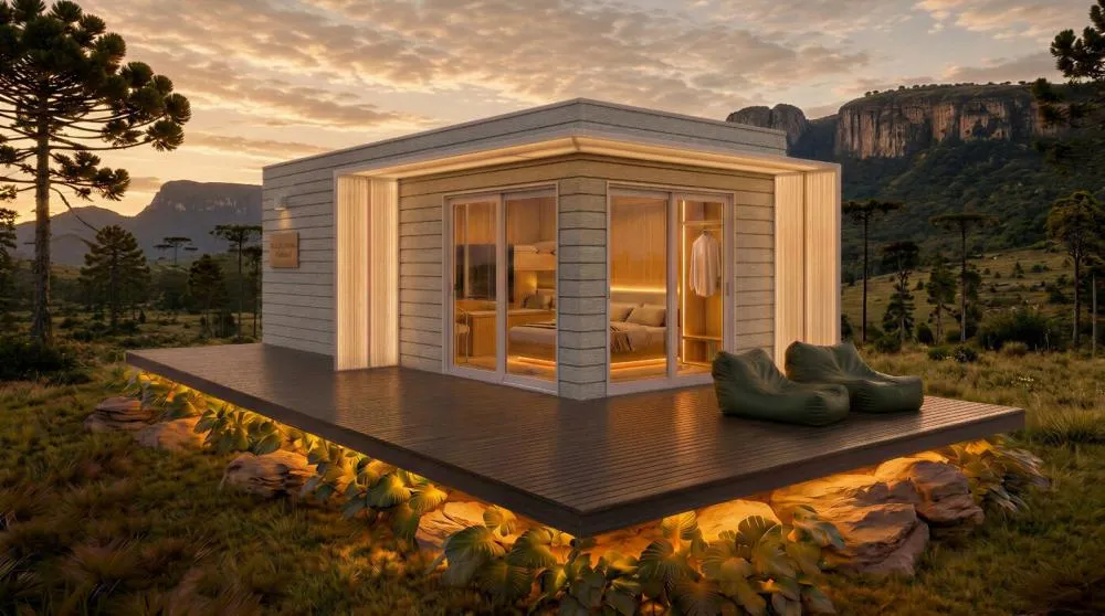 Com 24 m², a Tiny House é o novo produto inovador da Águia Florestal, fabricada com um exclusivo processo de produção de madeira engenheirada (CLT) Arte: Águia Florestal