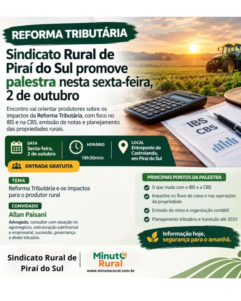 Sindicato Rural de Piraí do Sul promove palestra sobre Reforma Tributária nesta sexta-feira, 2 de outubro