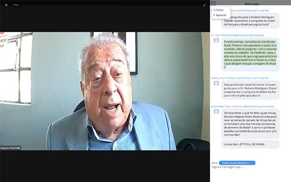 Reprodução da entrevista coletiva em que Alysson Paolinelli fez sobre sua indicação ao Prêmio Nobel da Paz. 