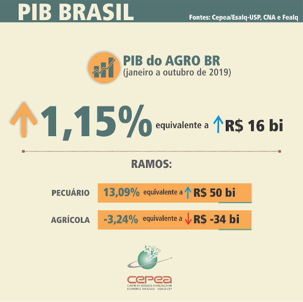 Segundo Cepea PIB do agronegócio brasileiro cresceu 1,15% no acumulado de janeiro a outubro de 2019.