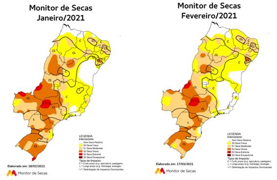 Na região Sul houve, em fevereiro, uma atenuação do grau de severidade da seca no sul do Rio Grande do Sul, no nordeste de Santa Catarina e no sudoeste do Paraná