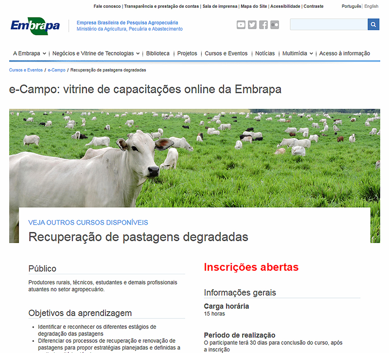 Recuperação de pastagens degradadas, curso com recorde de inscritos - Foto: Reprodução Plataforma e-Campo