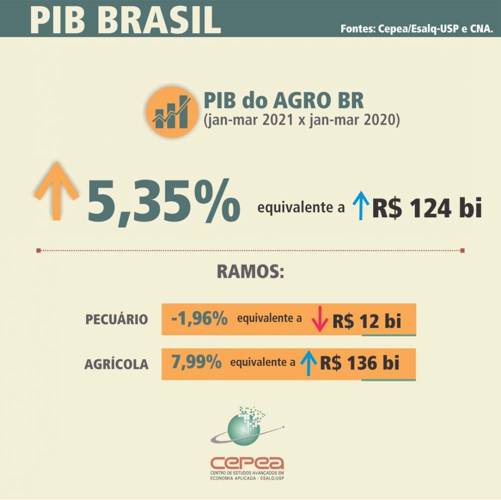 Considerando-se os desempenhos até o momento do agronegócio e da economia brasileira como um todo, o Cepea/CNA estima que a participação do setor no PIB total brasileiro pode ultrapassar os 30% em 2021.