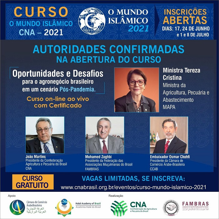 O primeiro encontro acontecerá no dia 17 de junho, a partir das 9h. A cerimônia de abertura contará com a participação da ministra da Agricultura, Tereza Cristina; do presidente da CNA, João Martins; do presidente da FAMBRAS, Mohamed Zoghbi; e do presiden