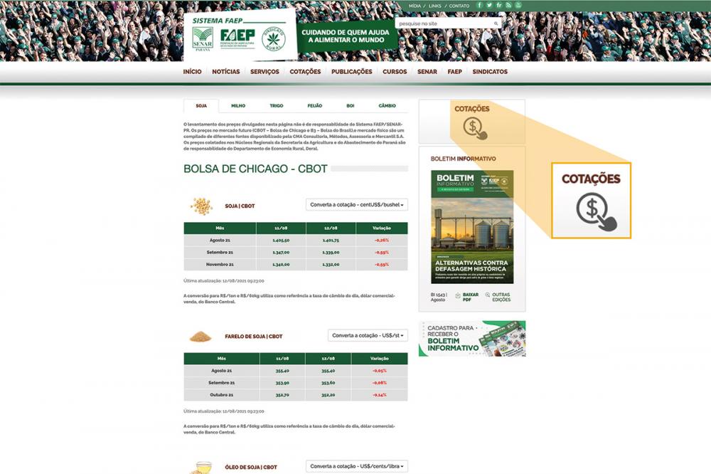 Para atualizar as cotações, o Sistema FAEP/SENAR-PR contratou a CMA, uma das maiores empresas de fornecimento de dados e informações do mercado agrícola do Brasil e que vai atualizar as informações do mercado futuro e do mercado físico por lotes.