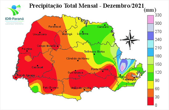 A estiagem se intensificou em dezembro. Em grande parte do Estado a precipitação total ficou abaixo de 60 mm, sendo a região Oeste uma das mais críticas (Figura 1).