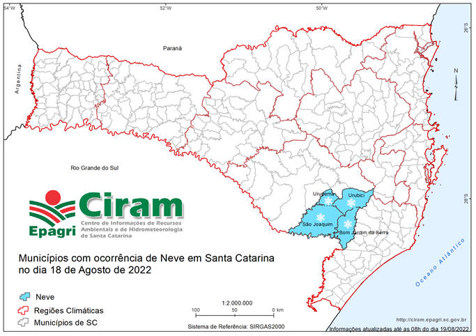 Figura 1 – Mapa de localização dos municípios com registro de neve em SC, no dia 18/08/2022. (Elaborado por: Maikon Alves - Técnico em Meteorologia).